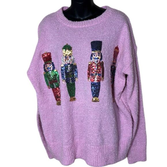 Talulah women’s pink teddy soft fleecey nutcracker sequin Christmas sweater larg - Picture 1 of 6